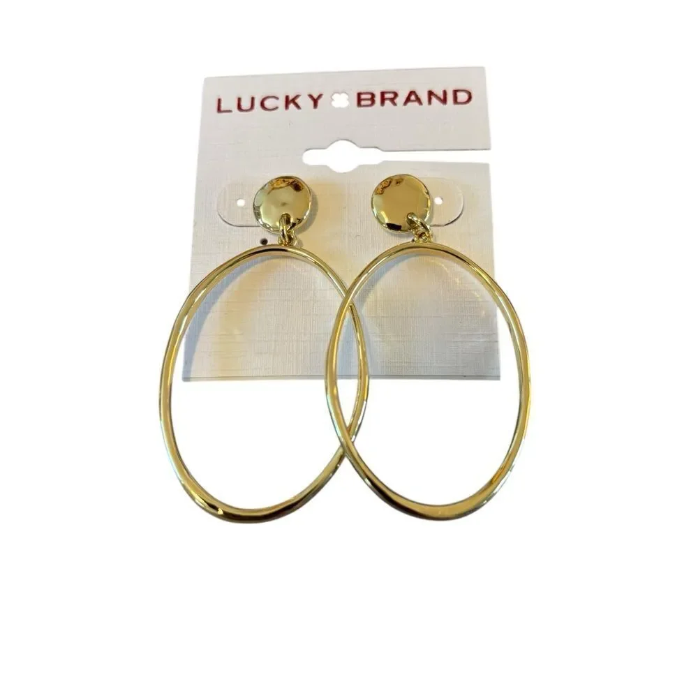 Front Facing Elongated Hoop Earrings in Bright Goldtone.